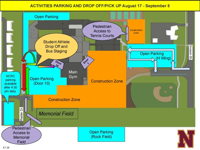 The map shows parking and drop off sites for the month of August at Northfield High School.