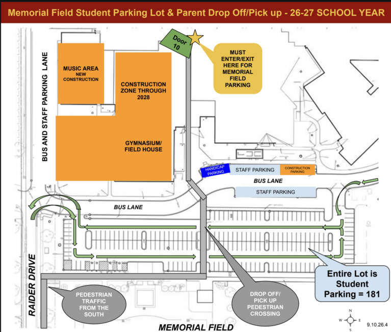 This map shows where to park and how to drop off and pick up students from Memorial Field during construction. This map was posted September 14, 2026.