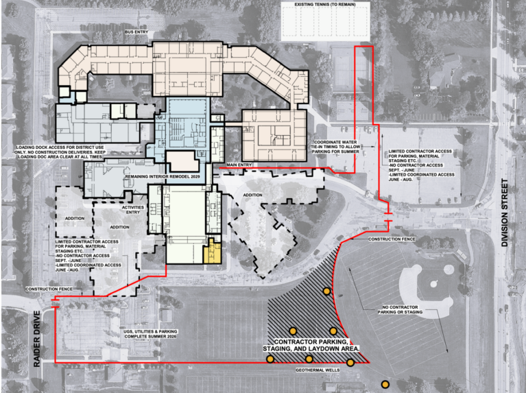 This is a map showing expected construction during summer 2026 at Northfield High School.