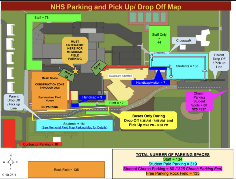 This map shows where parking should occur at Northfield High School during construction. This map was posted September 14, 2026.